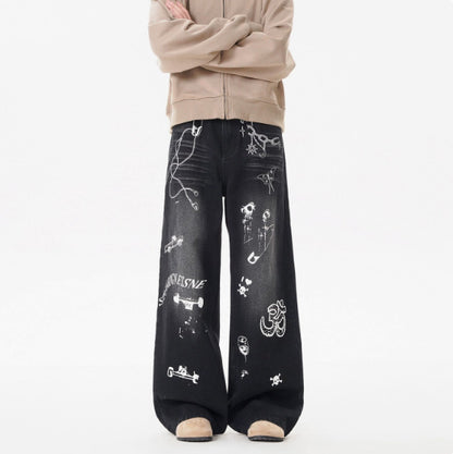 INS Vintage Graffiti Denim Pants