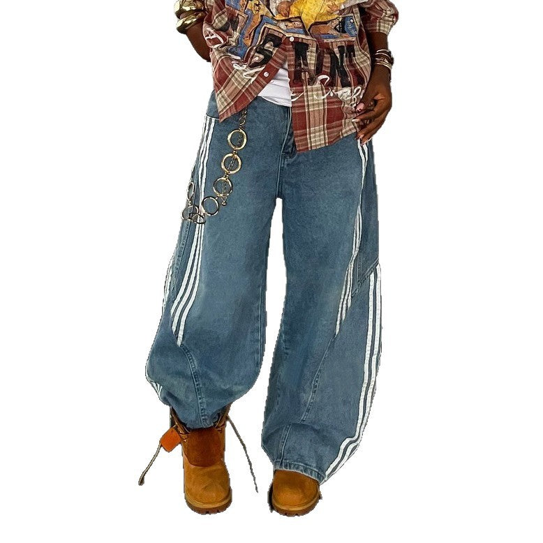 Deconstructed Asymmetrical Stripe Patchwork Dagger Cut Jeans
