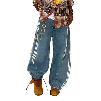 Deconstructed Asymmetrical Stripe Patchwork Dagger Cut Jeans