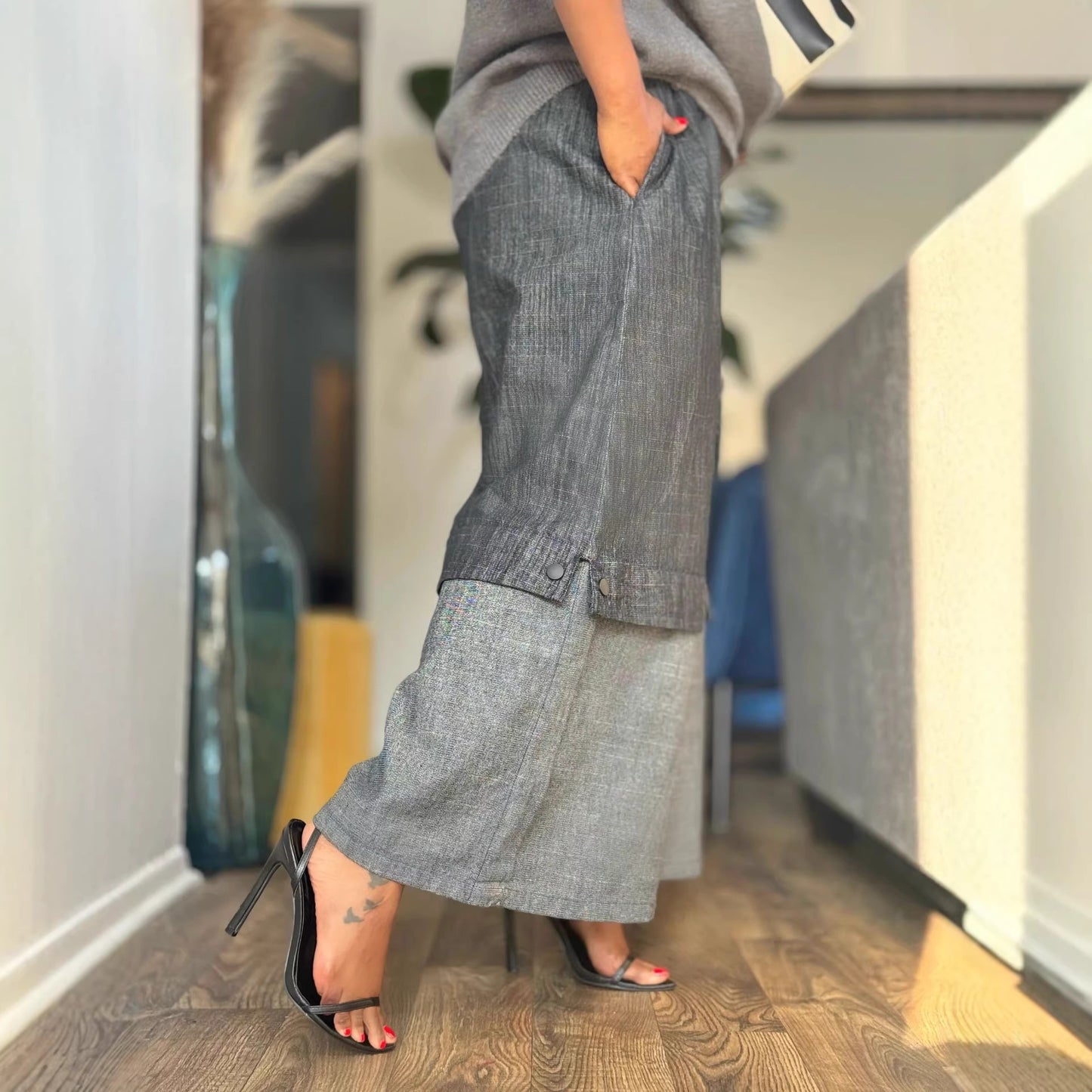 Street Style Elastic Waist Patchwork  Wide Leg Jeans