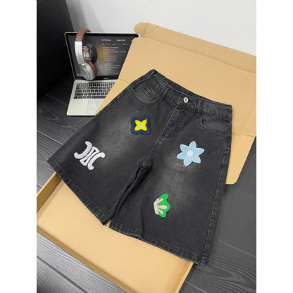 Floral Embroidery Denim Shorts for Men