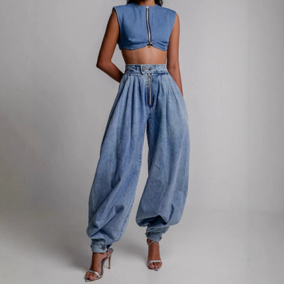 High waisted zipper leg tied jeans for women
