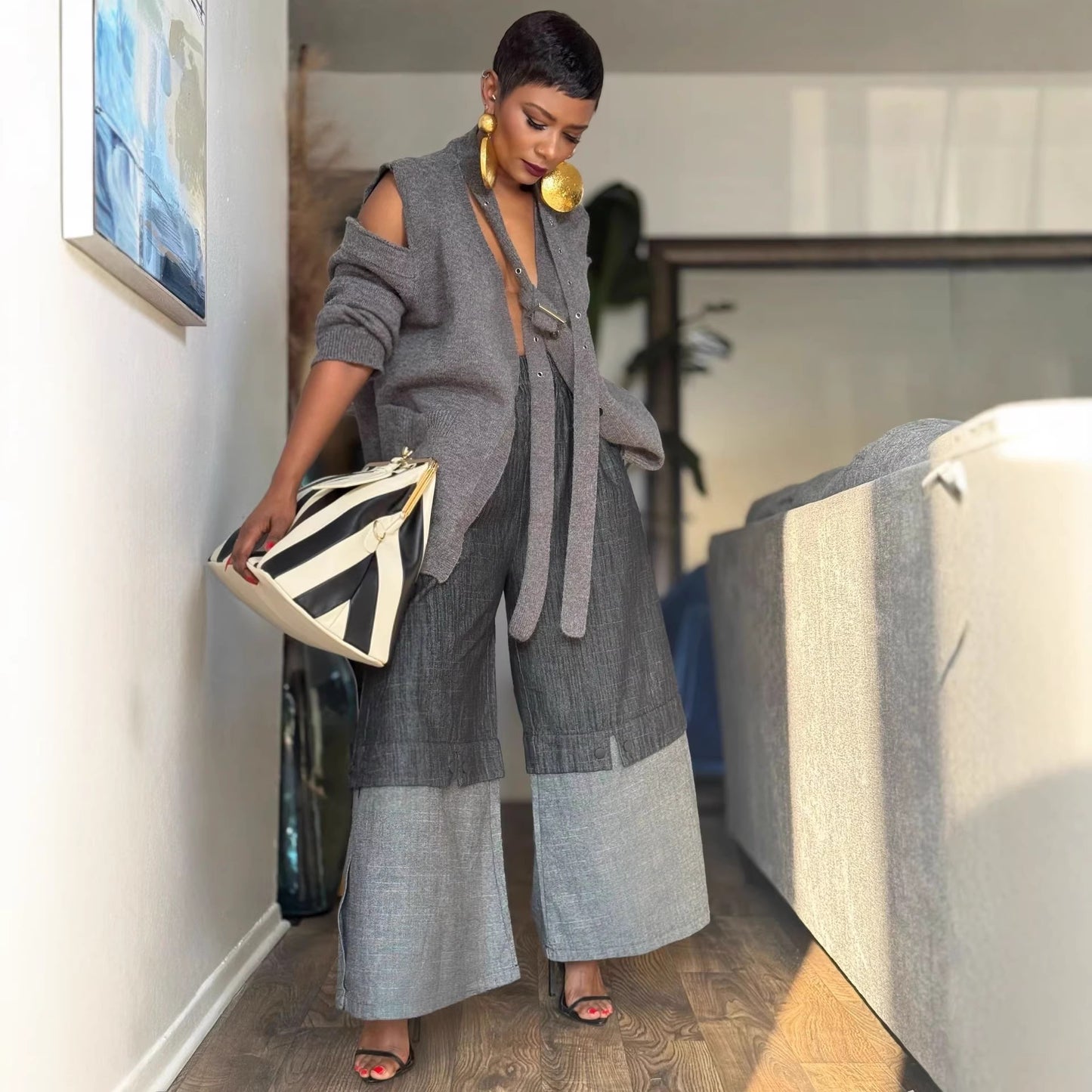 Street Style Elastic Waist Patchwork  Wide Leg Jeans