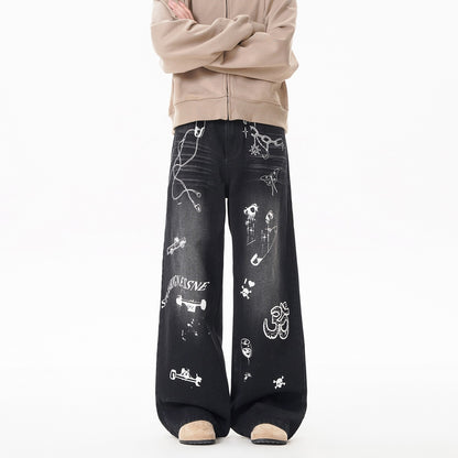 INS Vintage Graffiti Denim Pants