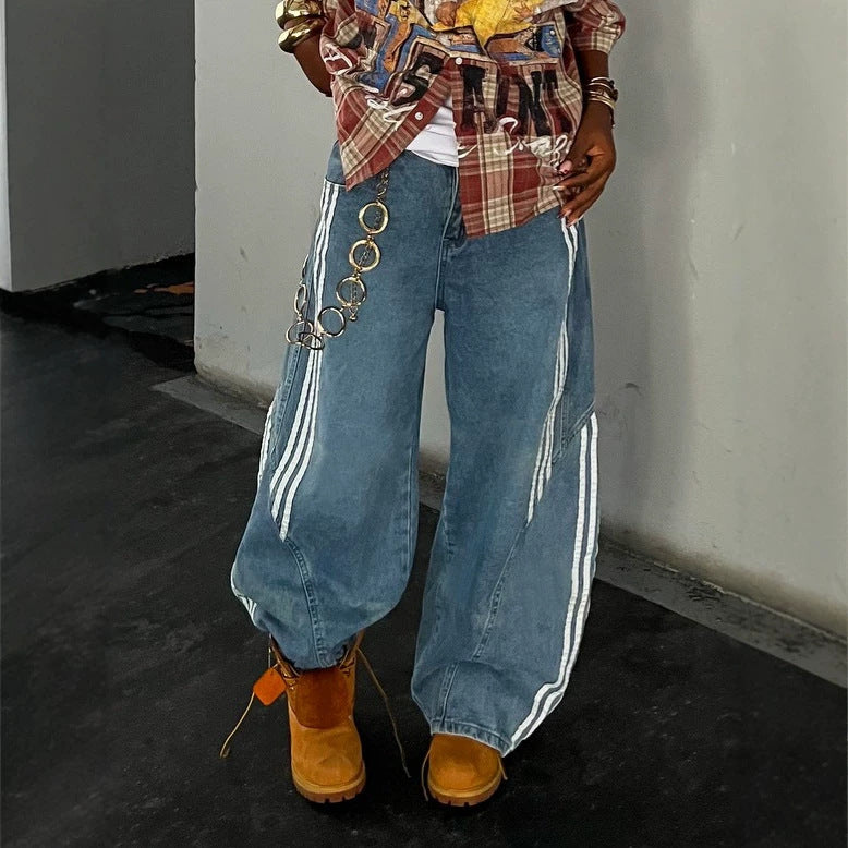 Deconstructed Asymmetrical Stripe Patchwork Dagger Cut Jeans