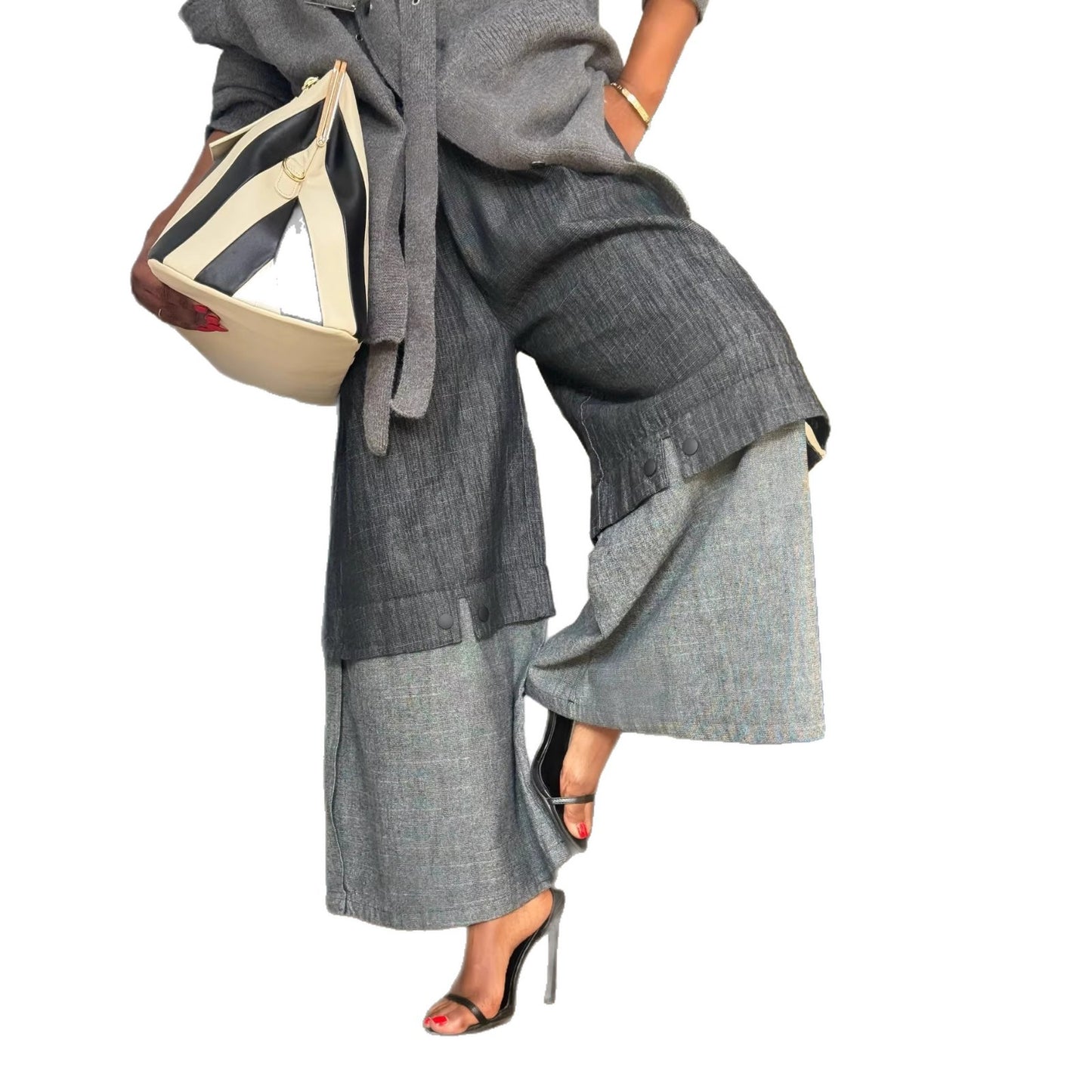Street Style Elastic Waist Patchwork  Wide Leg Jeans