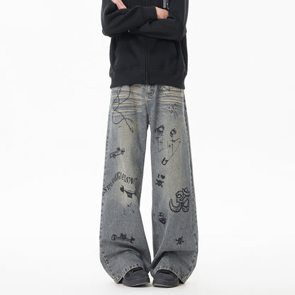 INS Vintage Graffiti Denim Pants